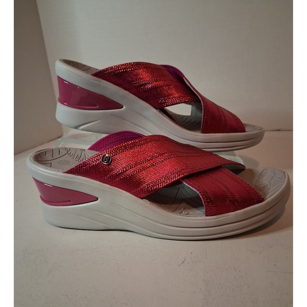 Bzees Womens Fuchsia Metallic Crisscross Wedge Sandals Size 9.5M Pink Slides